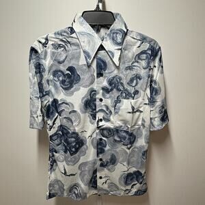 Vtg 70s Antron Nylon Short Sleeve Men's Shirt Blue White Cloud Bird Print Size M